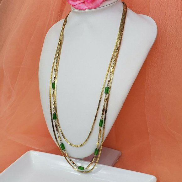 Vintage Gold Tone 3- Strand Chain Necklace 25" Statement Chain Green Glass Beads - Picture 11 of 12